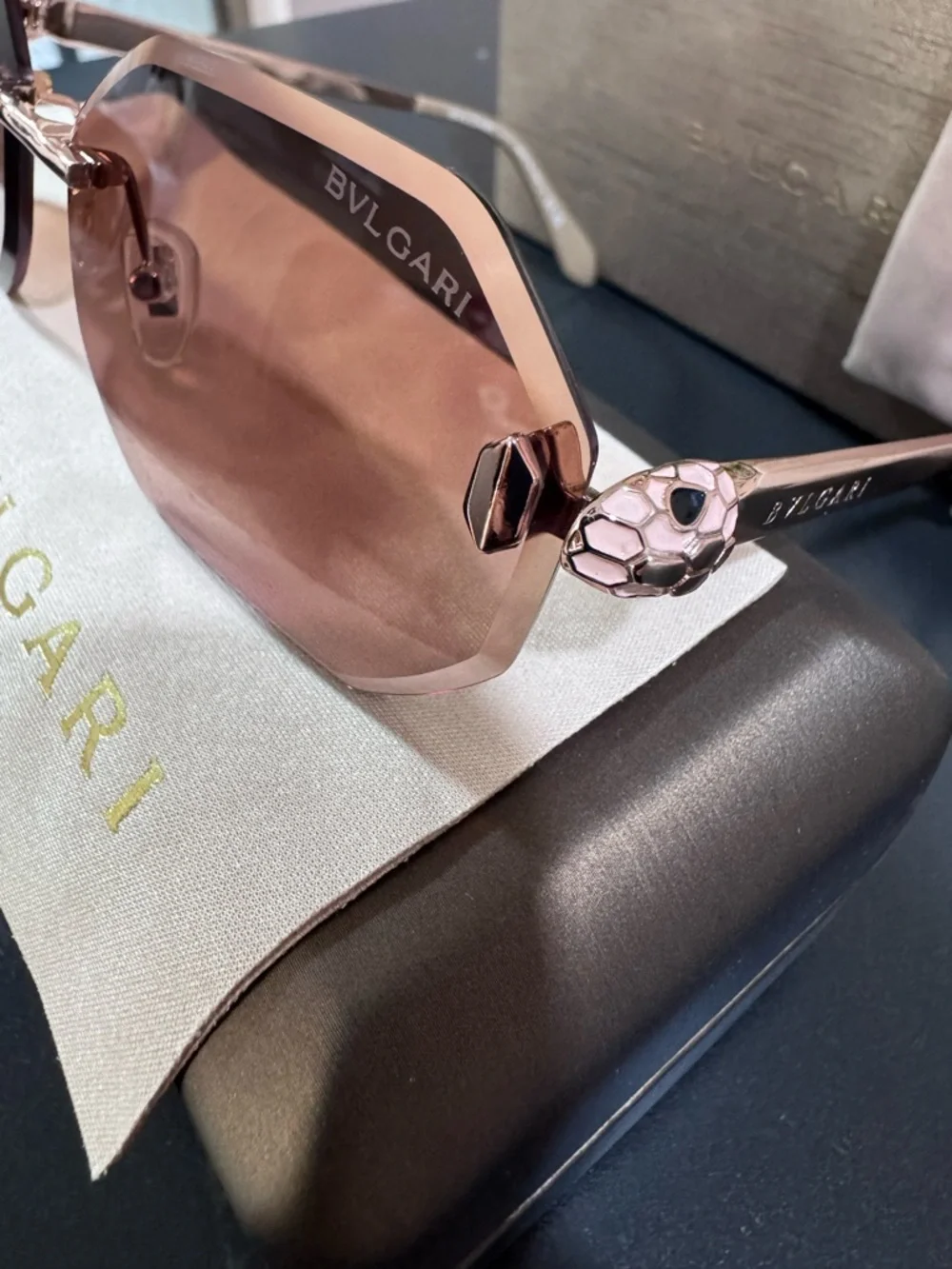 Bulgari Rose-Tint Octagonal Rimless Sunglasses - Picture 4 of 16